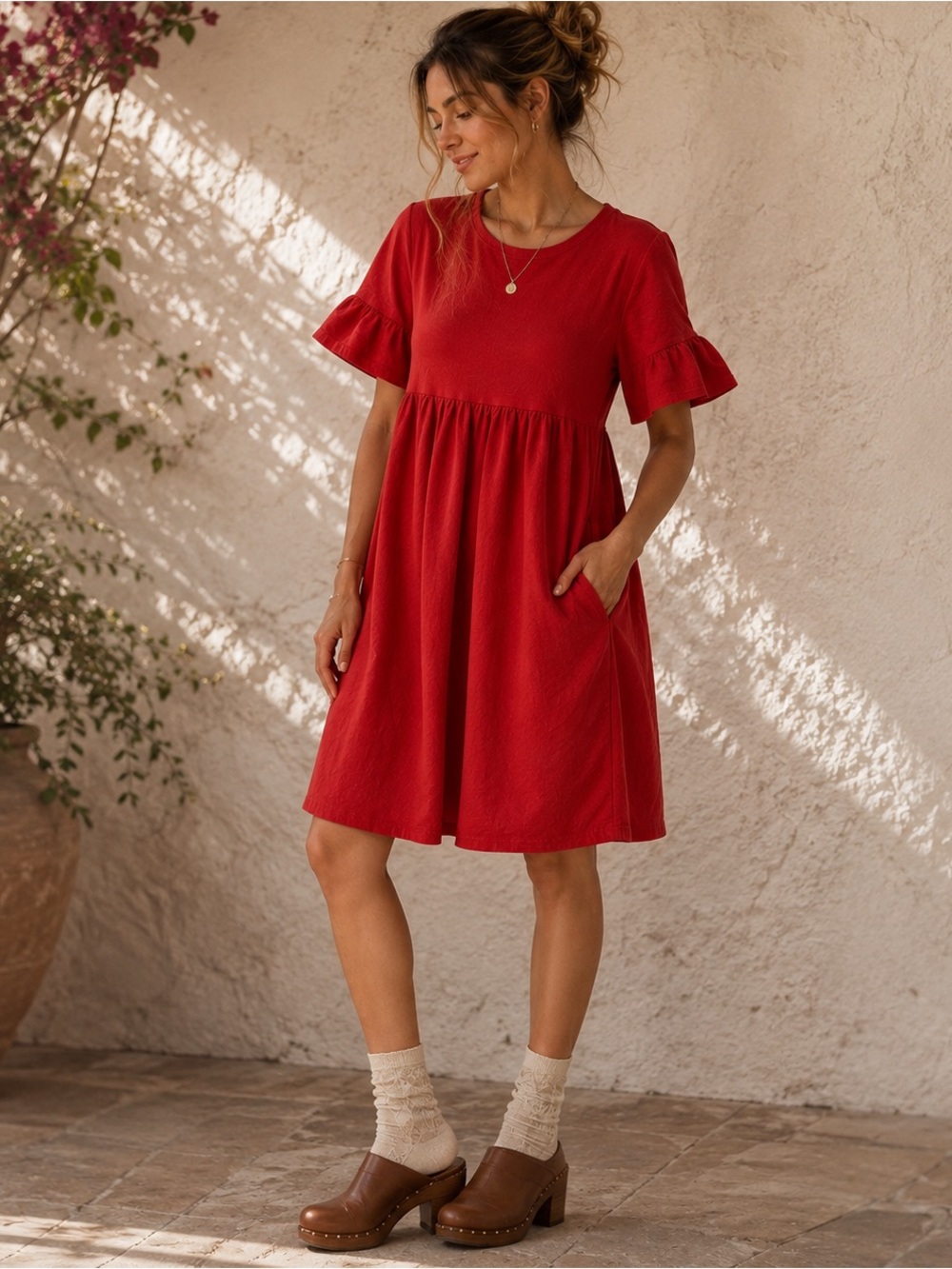 English Factory Red Mixed Media Ruffle Sleeve Babydoll Mini Dress S